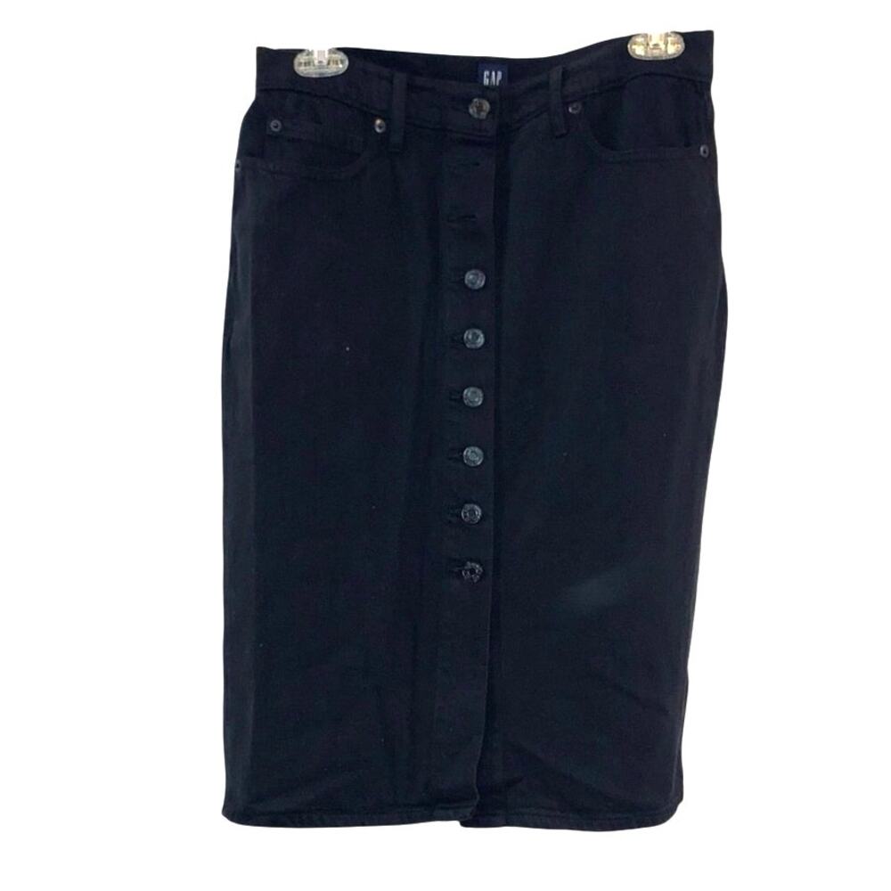 Gap Black Button Front Denim Skirt 29 Regular 5 Pocket Midi Pencil Y2K
